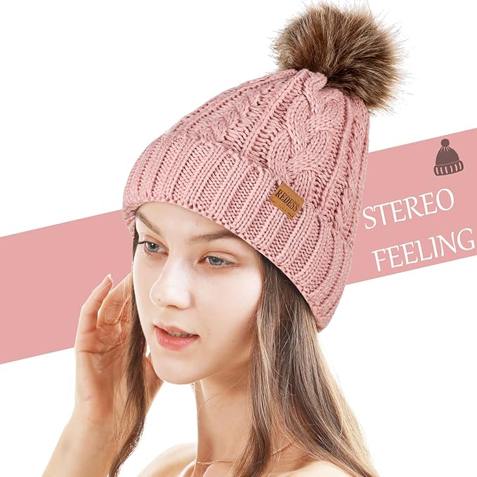 REDESS Women Winter Pompom Beanie Hat with Warm Fleece Lined, Thick Slouchy Snow Knit Skull Ski Cap