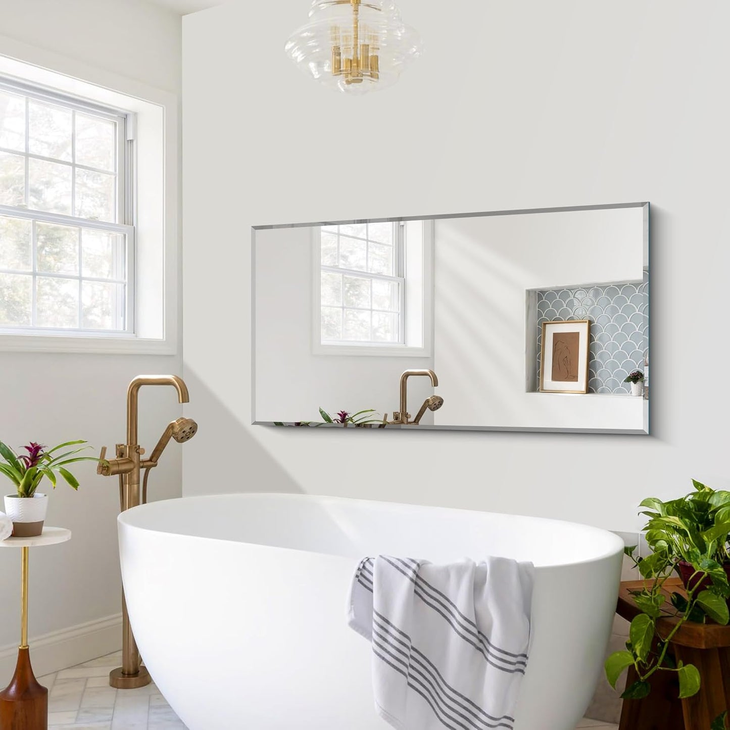 24x48 Large Beveled Mirror, Frameless Beveled Bathroom Mirrors for Over Sink, Upgraded Shatterproof Beveled Vanity Mirror for Bathroom,Bedroom,Living Room and Entryway