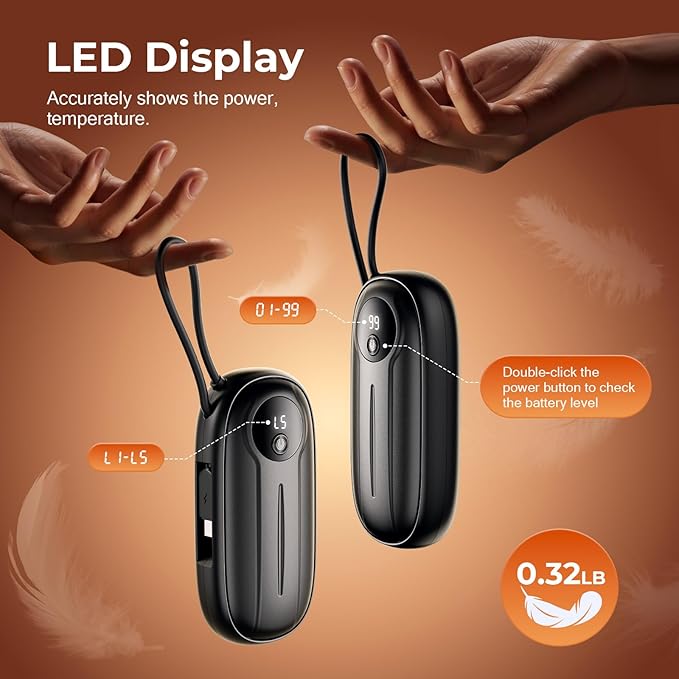 Hand Warmers Rechargeable 2 Pack,14000mAh Dual-Sided 5 Level Electric Pocket Heater with Built-in USB-C Cable, Full-Palm Fast Heating 24hrs, LED Display, Portable Charger, Gifts for Men Women