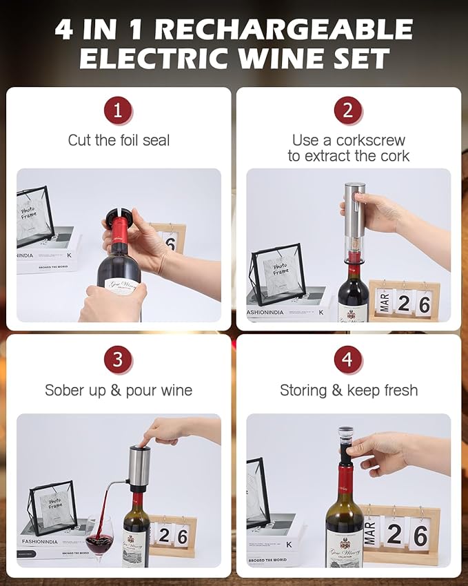 Electric Wine Opener Set, 4 in 1 Electric Wine Bottle Opener, Rechargeable Corkscrew Opener with Aerator, Foil Cutter, Vacuum Stopper, Ideal Present for Christmas, Wine Lovers, Party, Wedding