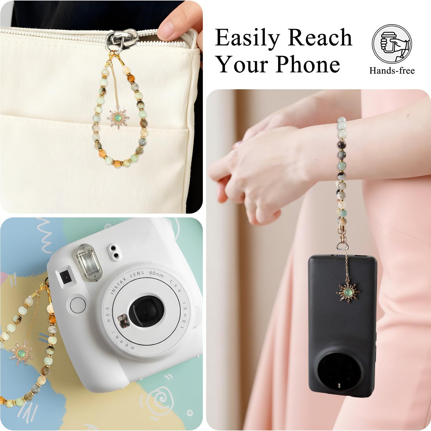 LuneClat Natural Stone Phone Wrist Strap for Women - Golden Sun Beaded Healing Phones Charm for Camera Keychain Decor, Handmade Cellphone Chain Lanyard with Tether Tab