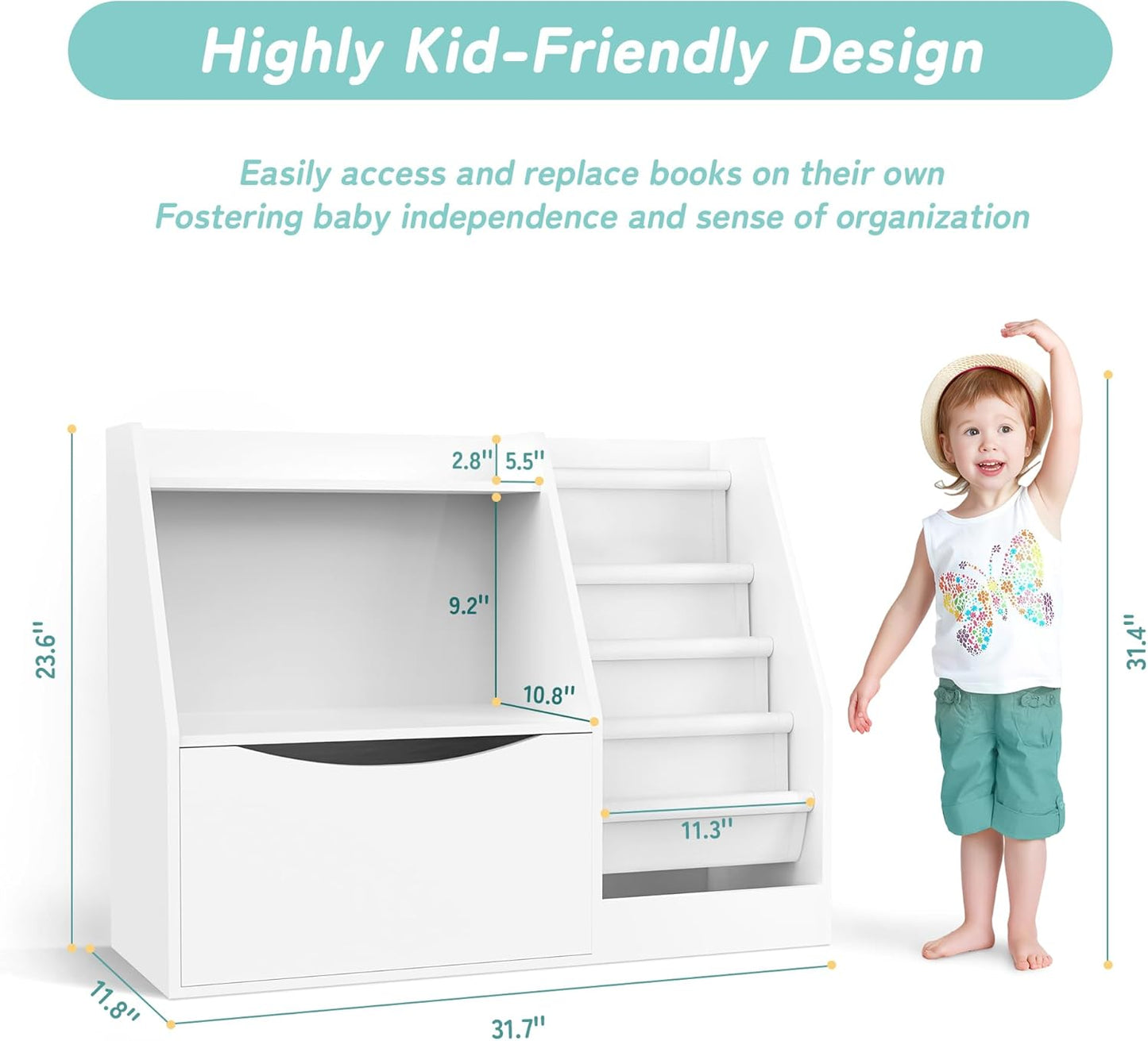TOETOL 2 Tier Kids Bookshelf and Book Storage，4 Sling Toddler Bookshelf, Storage Boxes Book Shelf & Organizer for Nursery Playroom Classroom Library Bedroom White