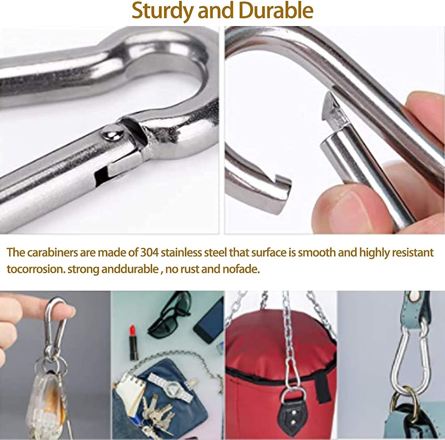 3 Inch Carabiner Spring Snap Hook Steel Clip Link Buckle Heavy Duty 8x80mm 10 Pcs for Outdoor Camping Hiking Hammock Swing, White