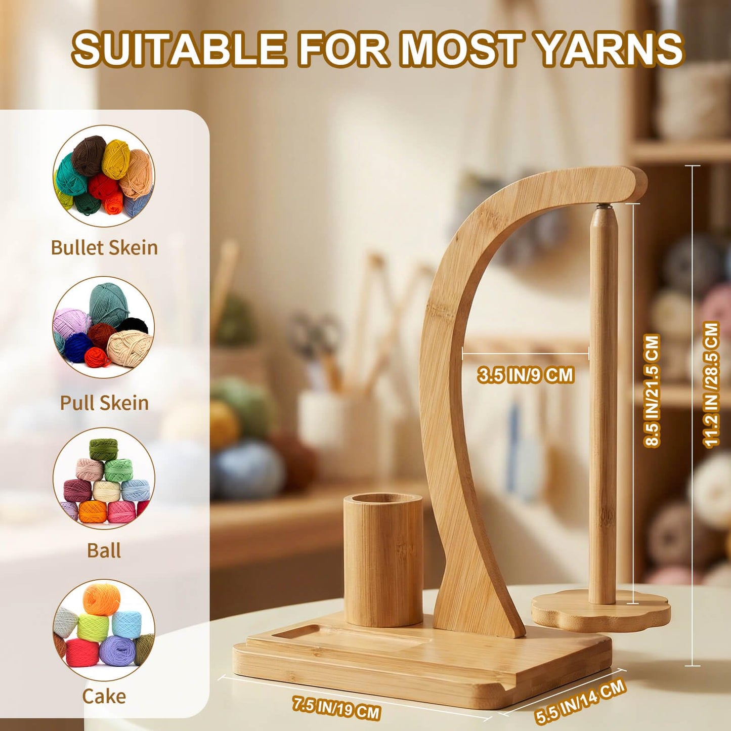 SPEENSUN Yarn Holder for Crochet, Bamboo Yarn Spinner with Magnetic Rotating Anti-Tangle Design, 1.1lbs Capacity, 3-in-1 Storage for Hooks/Markers, Phone Stand, Best Crochet Accessories Gifts