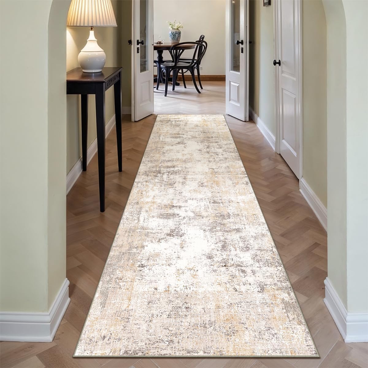 2x8 Washable Runner Rug Beige Grey Neutral Abstract Hallway Kitchen Living Room Bedroom Non Slip Throw Rug Soft Low Pile Indoor Carpet for Entrance Laundry Bathroom