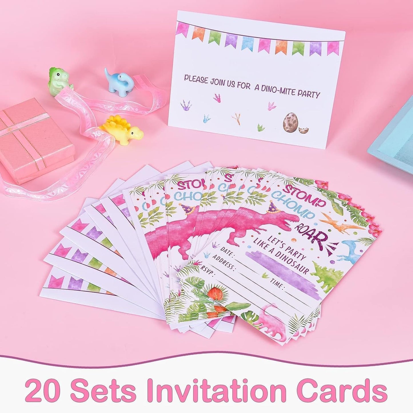WERNNSAI 20 Sets Dinosaur Party Invitation with Envelopes - Pink Dinosaur Invitation Cards for Girls Kids Birthday Party Supplies Watercolor T-Rex Invites Cards Double Sided for Baby Shower Decoration