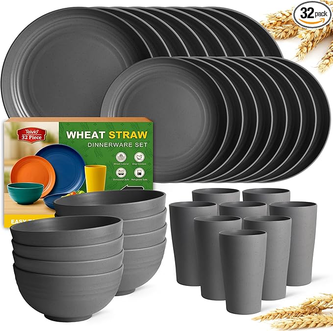 Teivio 32-Piece Kitchen Plastic Wheat Straw Dinnerware Set, Service for 8, Dinner Plates, Dessert Plate, Cereal Bowls, Cups, Unbreakable Colorful Plastic Outdoor Camping Dishes, Gray Matte