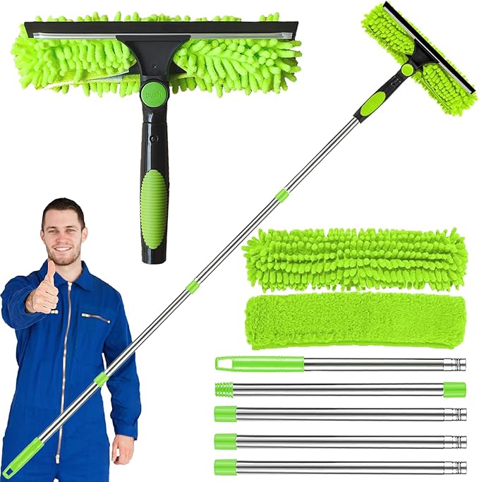 2.1m/84in Window Cleaning Squeegee Tools, 3-in-1 Window Washing Kit with 5 Extension Pole, 2 Microfiber Cloth Brush & Squeegee, Telescopic Window Cleaner Tool for High Window, Car Glass