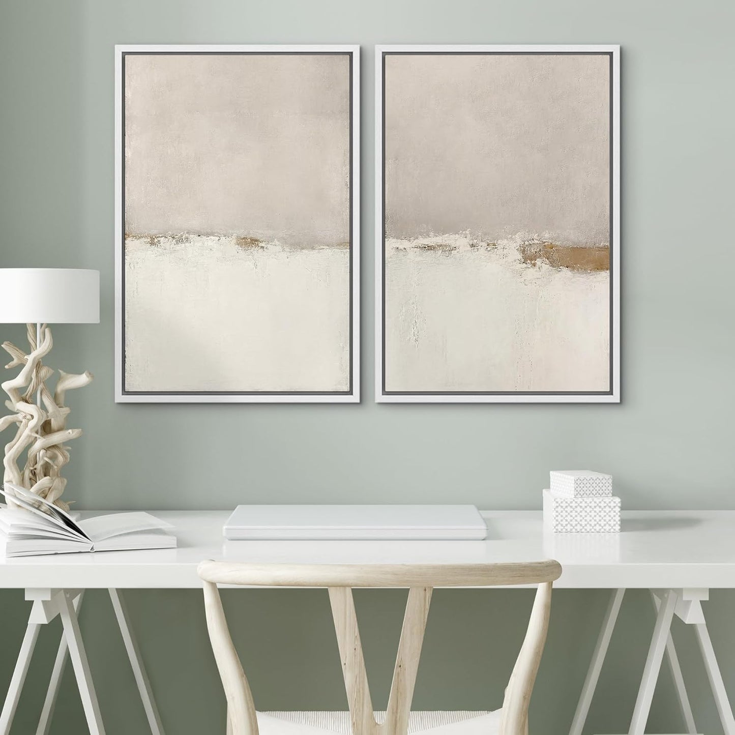 SIGNWIN Framed Canvas Print Wall Art Beige Gray Paint Strokes Abstract Grunge Landscape Prints Modern Art Minimalist Neutral Decor for Living Room, Bedroom, Office - 24"x36"x2 White