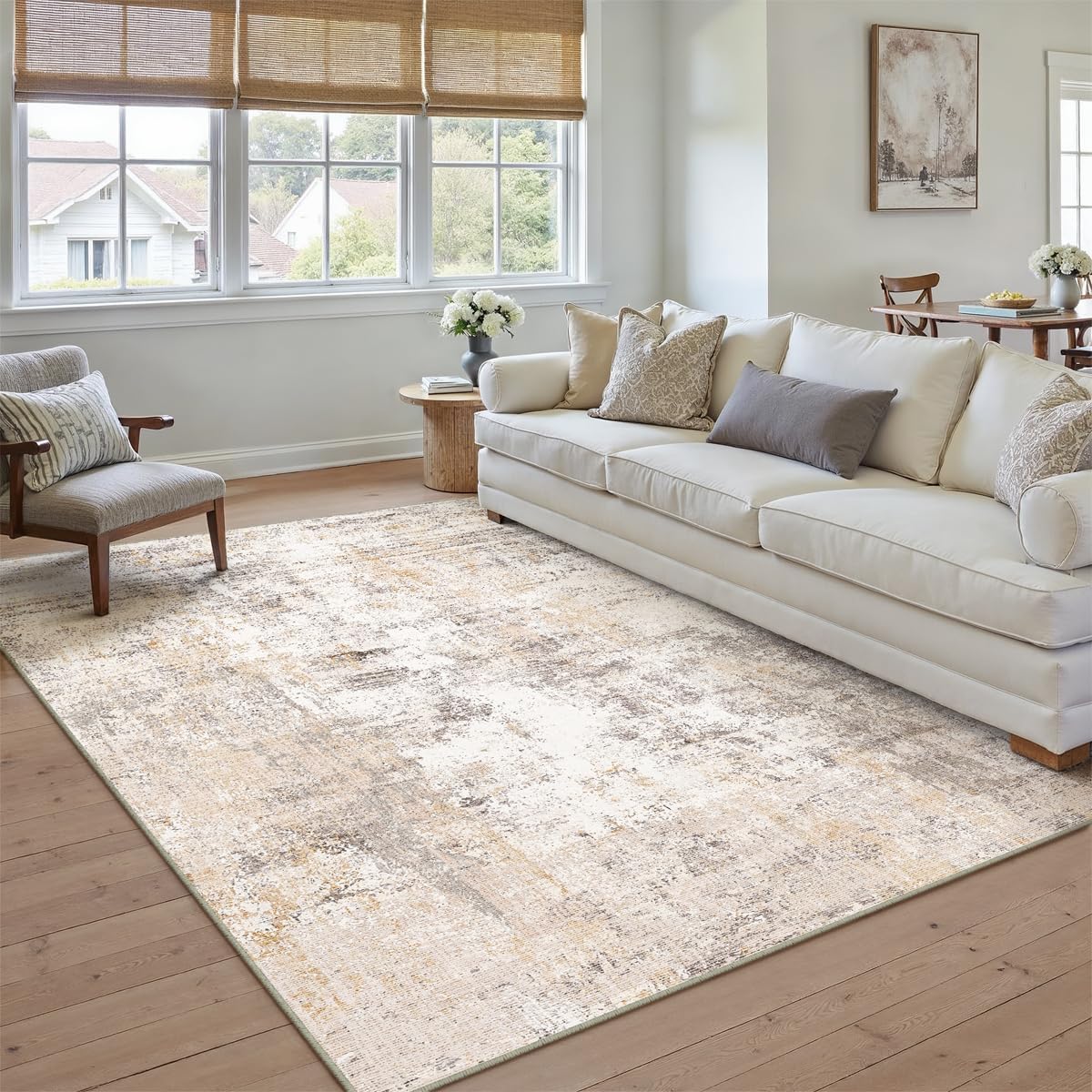 5x7 Washable Area Rug Beige Grey Neutral Abstract Living Room Bedroom Throw Rug Non Slip Soft Low Pile Indoor Floor Carpet for Dining Room Kitchen Office Entryway Home