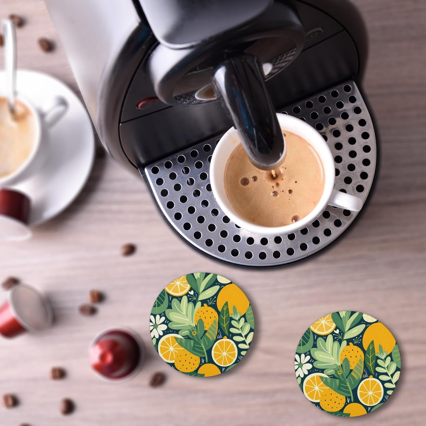 Ceramic Coasters for Drinks with Cork Back, Citrus Greenery 4 Inch Absorbent Coaster Set 1 Pack, Quick Dry Non-Slip Coaster Mats for Home, Office, Bar