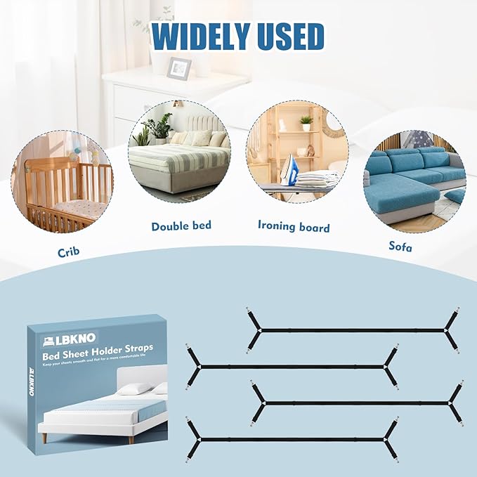 4Pcs Bed Sheet Straps with Metal Clips, Sheet Holders Adjustable Elastic, Bed Sheet Grippers Upgrade for Crib to King Size Bed Keep Sheets in Place(Black)