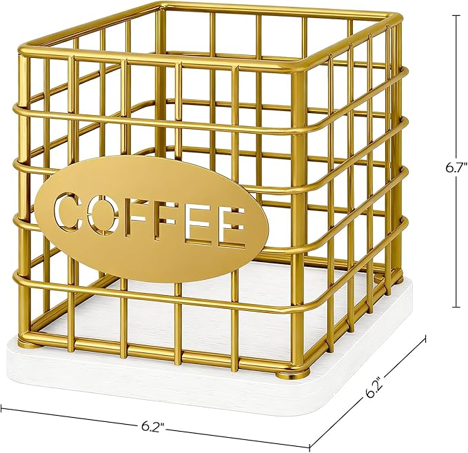 Coffee Pod Holder for K Cup, Large Capacity Coffee Pod Organizer, Versatile Coffee Capsule Storage Basket with Wooden Base, Gold and White KH10DW