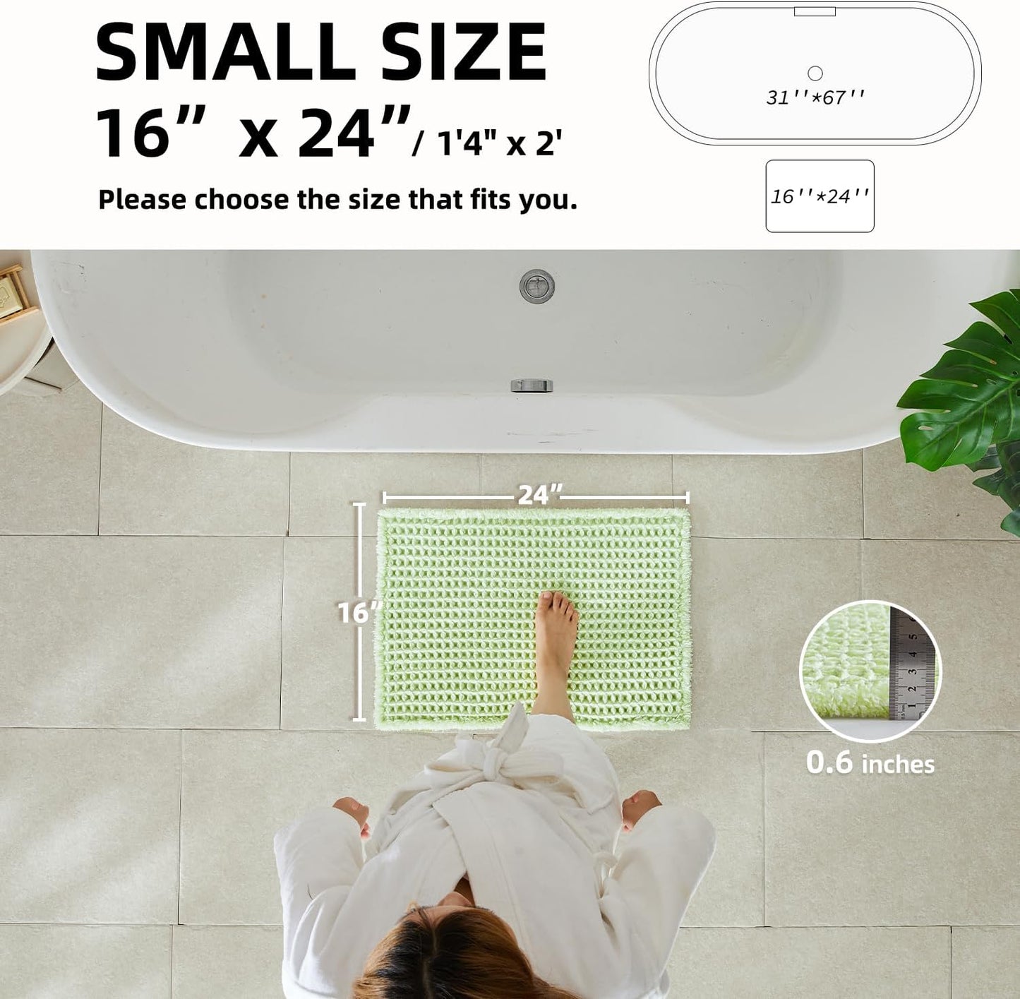 Waffle Bath Mat, Boho Bathroom Rugs Non Slip Washable Super Absorbent Quick Dry Cute Bath Mat Farmhouse Bathroom Decor, 24"x16" Pale Green