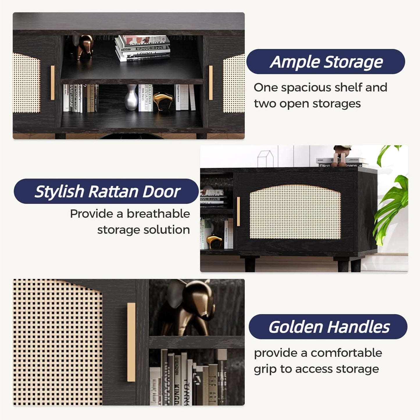 TV Stand for TVs up to 60", Modern Entertainment Center with 2 Rattan Doors, TV Cabinet with Solid Wood Legs & Golden Handles, TV Media Console Table for Living Room, Black & Wood