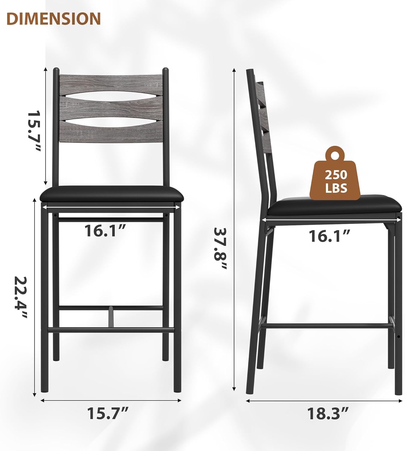 GarveeHome Bar Stools Set of 2, Wooden Barstools, Faux Leather Upholstered Bar Chair with Back & Footrest & Thick Cushion, Counter Height Bar Stools for Kitchen Island Apartment, Grey