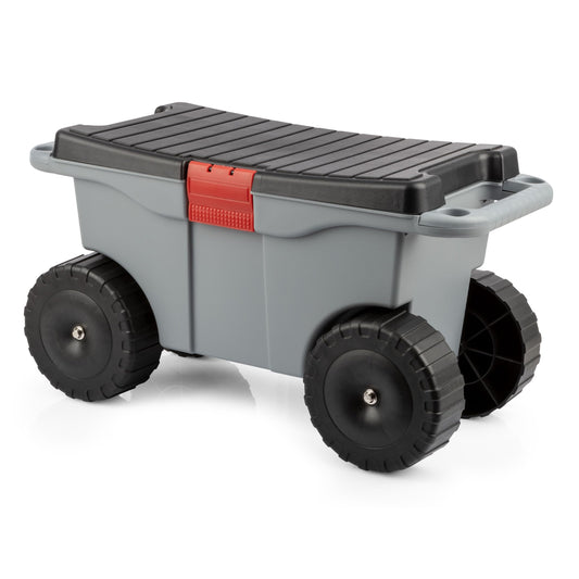 Pure Garden Rolling Garden Cart with Seat - Plastic Storage with Bench and Interior Tool Tray - Gardening Stool for Weeding and Planting (Gray)