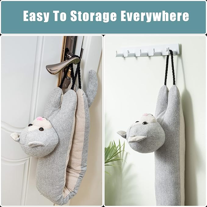 Marwood Under Door Draft Stopper Decorative Wind Stopper 30 inch for Door & Window, Weighted Animal Air Draft Stopper Snake Noise Blocker for Bottom of Door with Hanging Loops - Grey Cat
