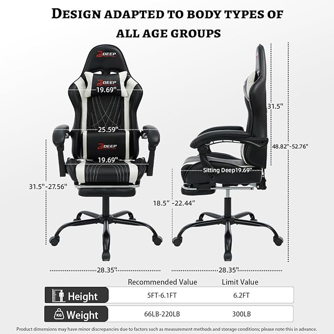 Ergonomic Gaming Chair with Footrest and Lumbar Massage, Racing Office Chair, High Back Computer Desk Chair with Headrest Pillow for Adults, Video Game Chair for PC Gamer (1001-White)