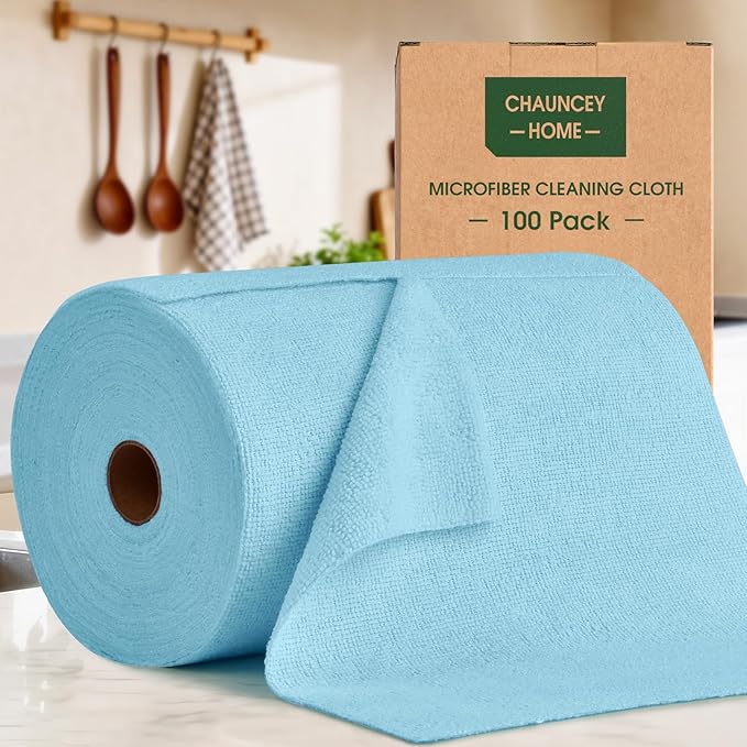 Microfiber Cleaning Cloth Roll–100 Pack, Tear Away Microfiber Towels, Reusable, Washable, Scratch-Free, Kitchen Towels for Car, Home, Kitchen, Glass, Dishes (Blue)