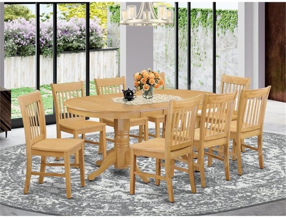 East West Furniture VANO9-OAK-W 9 Piece Kitchen Table Set Includes an Oval Dining Table with Butterfly Leaf and 8 Dining Room Chairs, 40x76 Inch, Oak