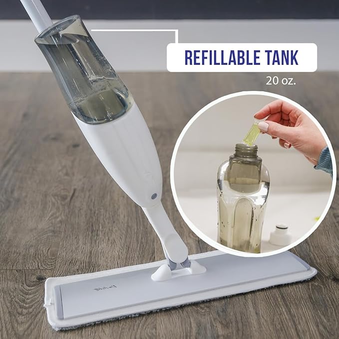 Don Aslett's Spray Mop Plus+ for Floor Cleaning| 360° Rotatable Head | Reusable Microfiber Pad | Rubber Scraper | Refillable | Cleaning Pods | All Floor Types Including Laminate, Hardwood, Tile