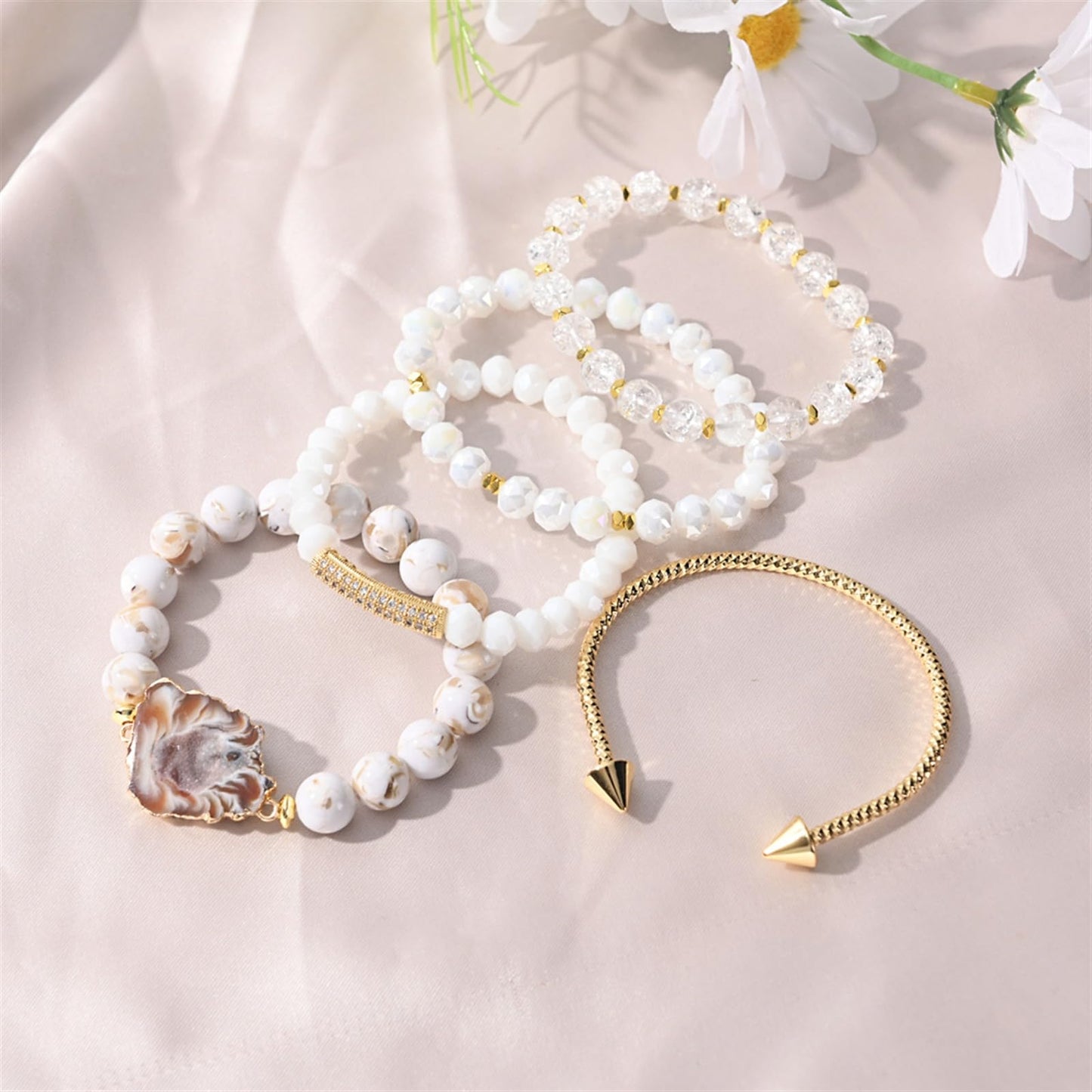 BOPOW 5PCS Beaded Bracelets/Bangle for Women, Multilayered Stackable Elastic Natural Howlite Agate Crystal Stones Bracelets Set Handmade Boho Jewelry Gift for Women