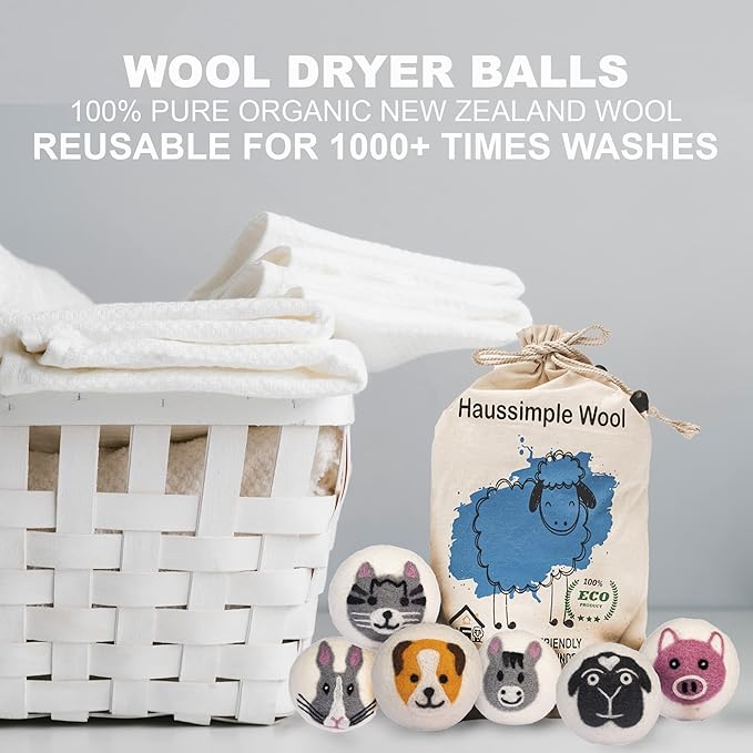 Wool Dryer Balls 6-Pack 100% Natural New Zealand Wool, Handmade in Nepal Reusable Laundry Balls, Faster Drying, Softer Clothes, Anti-Static, Dryer Sheets Alternative (Farm)