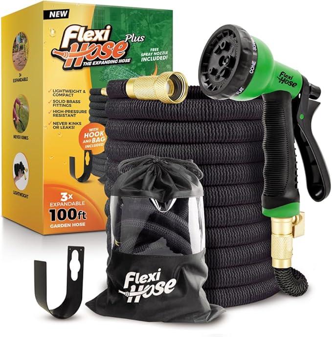 Flexi Hose Plus Expandable Garden Hose with 8 Function Nozzle, 100FT - Lightweight Retractable Garden Hose, Water Hose - No-Kink Flexibility, 3/4 Inch Solid Brass Fittings Includes Hook & Bag