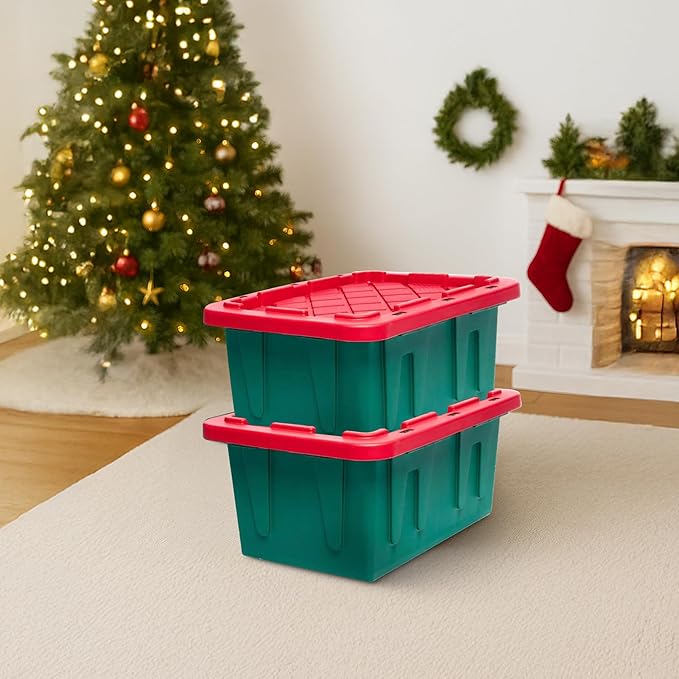 HOMZ 2-Pack Durabilt, Heavy Duty Plastic Storage Bins with Lids, 15 Gallon, Green/Red - Stackable Container Boxes for Holiday, Attic, and Garage Organization