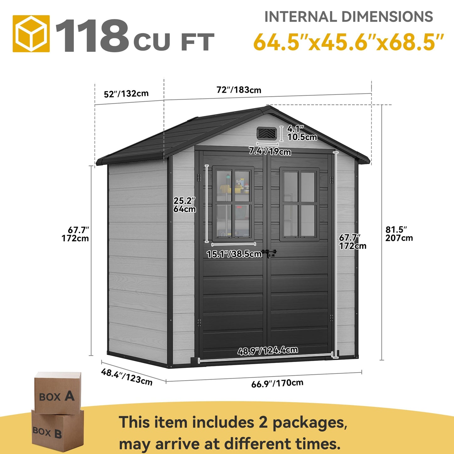 DWVO 6x4.4 FT Outdoor Storage Shed, Plastic Garden Tool Shed with 2 Windows, Double-Wall Outside Shed for Lawn Mower, Garden Tool for Backyard, Patio, Lawn, Lockable, Grey & Black