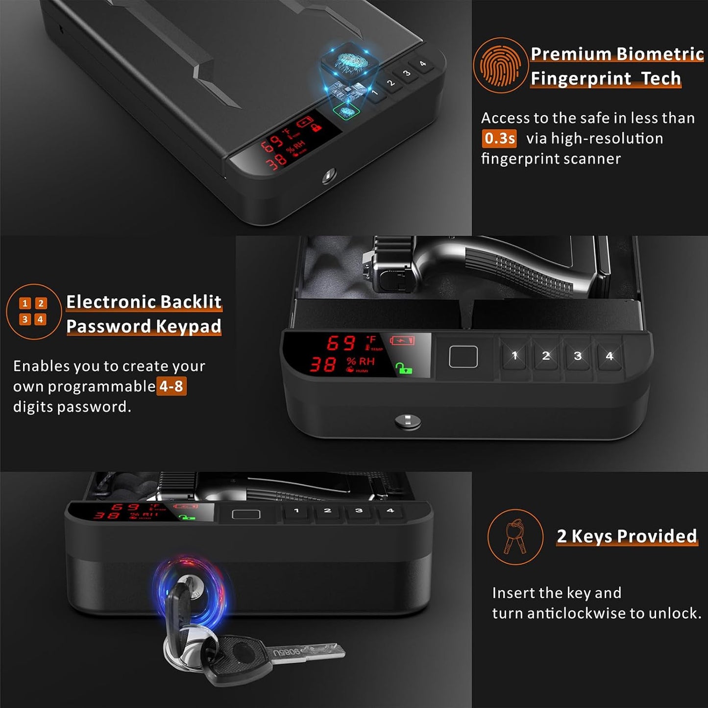 Portable Gun Pistol Safe with LCD Display of Temp,Humidity,Biometric Fingerprint,Keypad Lock,Key,Biometric Handgun Safe for Travel/Home/Car/Nightstand Beside (Black)