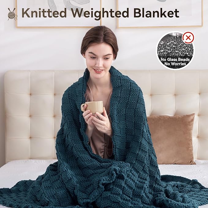 Knitted Weighted Blanket for Adult, No Beads Heavy Blanket 60” x 80'' 17lbs, Breathable Chunky Knit Blanket, Cooling Weighted Blanket for Hot Sleepers, Christmas Home Decor (Peacock Blue)