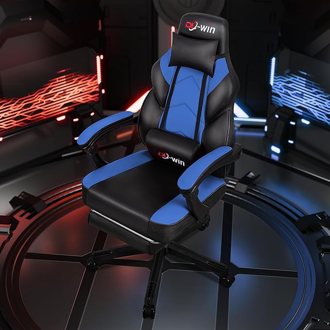 Gaming Chairs for Adults, Computer Chair with Footrest and Ergonomic High Back, Big and Tall Gamer Chairs with Massage Lumbar Support, 360° Swivel Height Adjustable Gaming Chair, Blue