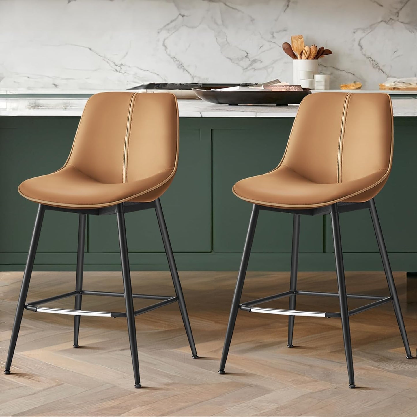 VASAGLE Bar Stools Set of 2, Counter Height Bar Stools with Back, Ergonomic Backrest, Synthetic Leather, Metal Legs, 24.4-Inch Tall Barstools for Kitchen Island Home Bar, Easy Assembly, Caramel Brown