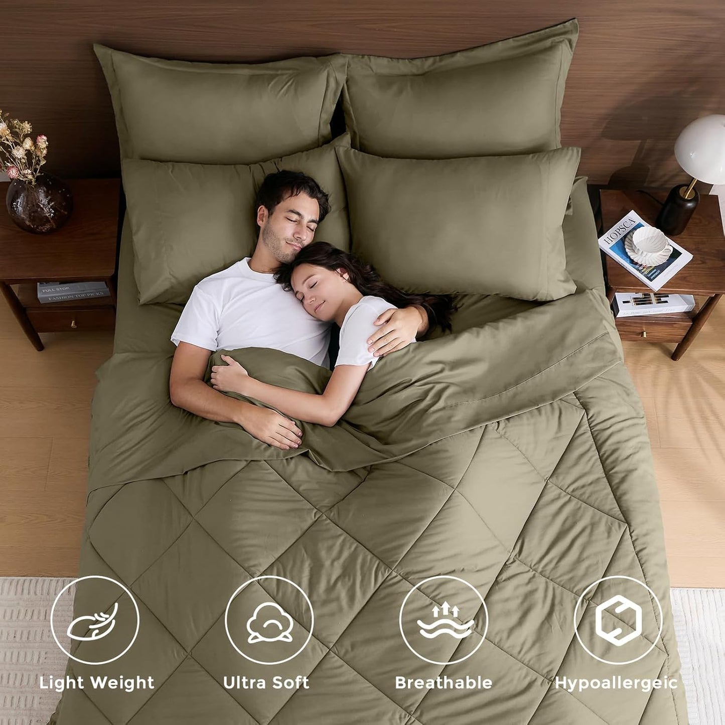 HEVUMYI Olive Green Twin Comforter Set - 5-Piece All Season Bed in a Bag Twin, Ultra Soft Bedding Set with Comforter, Flat Sheet, Fitted Sheet, Pillowcases, Pillow Shams, Olive Green