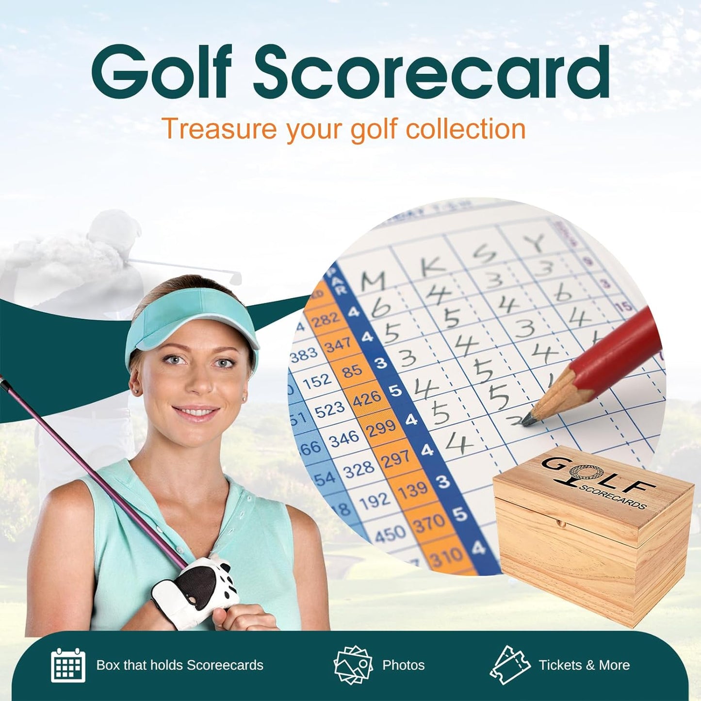Golf Scorecard Collection Box, Golf Storage Box With 5 Wooden Dividers, Scorecard Keeper For Keepsakes Cards Club Storage Score Book Pencil Log, Unique Golf Gift