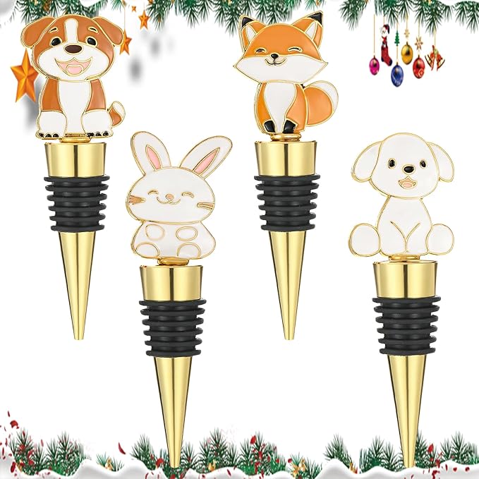 Christmas Wine Bottle Stopper,4 Pieces Christmas Dog Rabbit Fox Decorative Xmas Wine Bottle Stopper,Metal Reusable Christmas Bottle Stoppers for Wine, Champagne and Beer Collection (Animal)