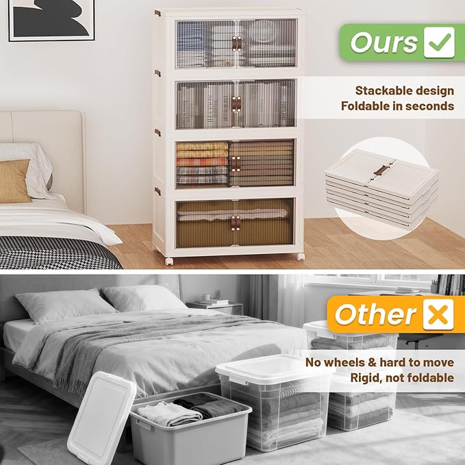 SAILUN 127Gal/508Qt Stackable Storage Bins Folding Collapsible Storage Bins with Lid, Closet Organizers and Storage Box with Door Beige 28" W x 17" D x 61" H