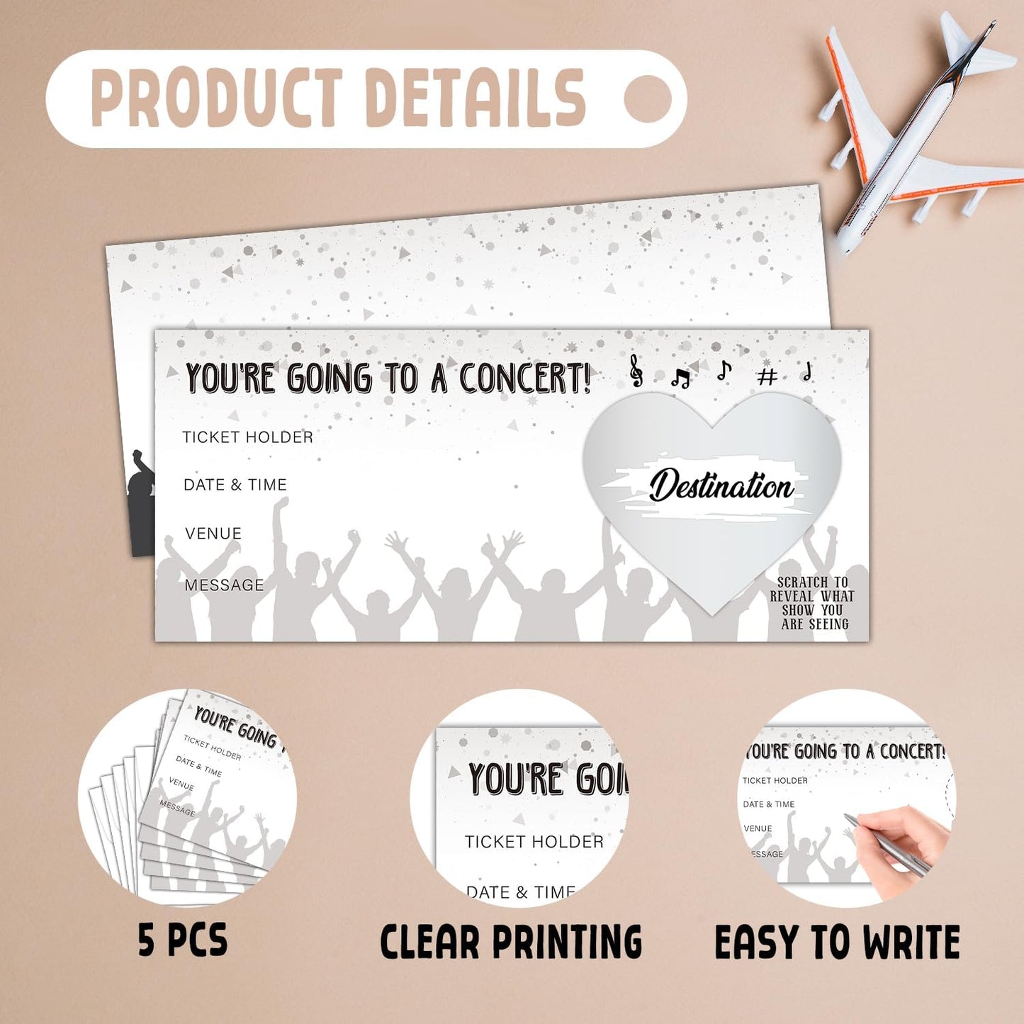 Concert Ticket, DIY Scratch Off Cards with Envelope for Vacation Birthday Wedding, Surprise Music Festival Reveal Gifts for Couples Family and Friends (5 Set) -006C