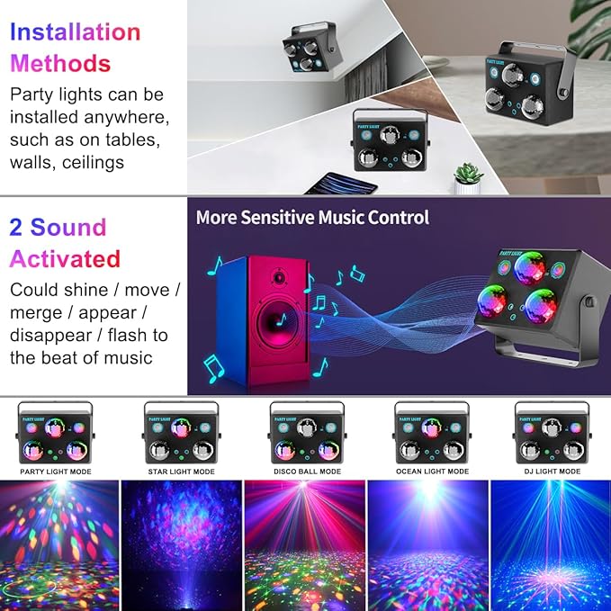 Party Lights,Disco DJ Strobe Light Stage Disco Ball Projector Effect Rave Dance Club Light Sound Activated with Remote Control for Parties Home Show KTV Pub Dance Karaoke Christmas
