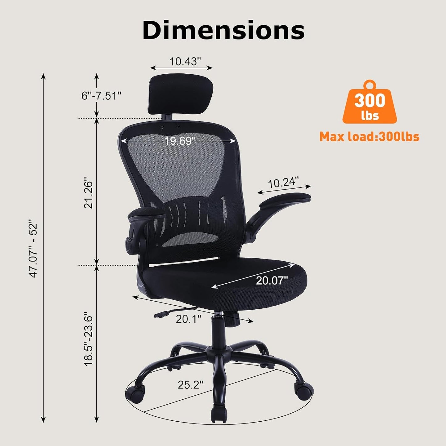 ralex-chair Ergonomic Office Chair with Adjustable Headrest & Lumbar Support, Desk Chair with Flip-Up Armrests, Comfortable for Home, Office, Conference Room