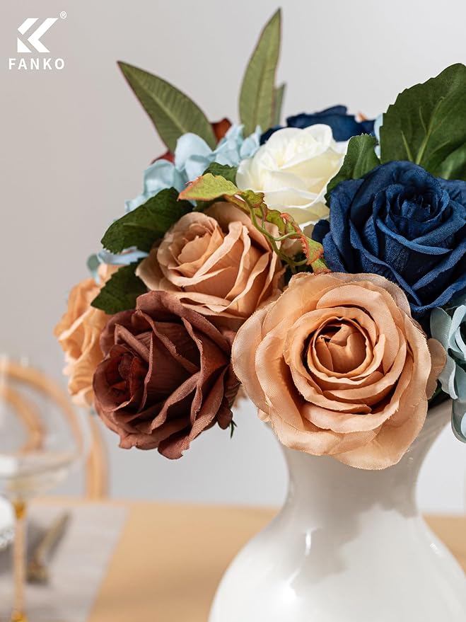 FANKO Artificial Flowers Navy Blue Rose, Mixed Fake Silk Flowers Combo Cream Yellow Rose Brown Dahlia Light Blue Peony Vintage Assorted Blooms for DIY Wedding Bridal Bouquets, Home Decor