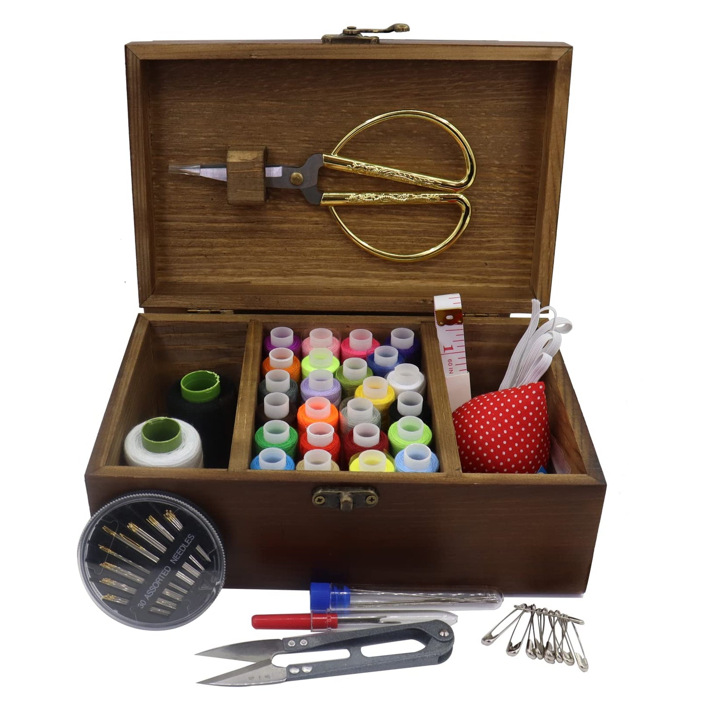 Flytreal Sewing Kit Box Basket, Wooden Hand Home Sewing Repair Tool Kit, Beginner Universal Sew Kit Accessories for Women, Men, Adults, Girls, Kids (Retro Dandelion)
