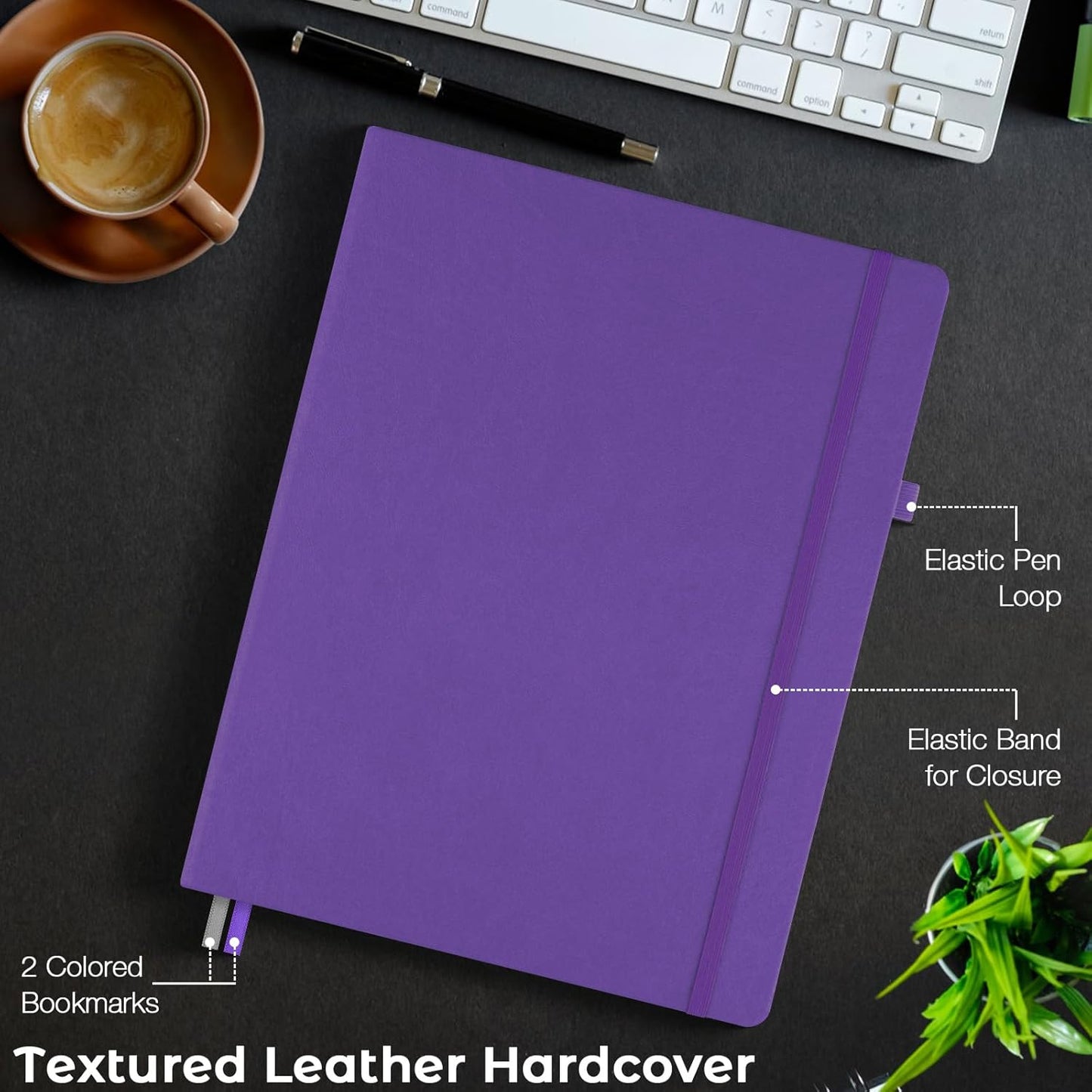 Lined Journal Notebook, 8.5" x 11" Hardcover Leather Notebook for Work, Wide Ruled Notebook Journal for Women Men, 192 Thick Paper, Lay Flat, 2 Pockets, Large Journals for Writing, Purple Notebook