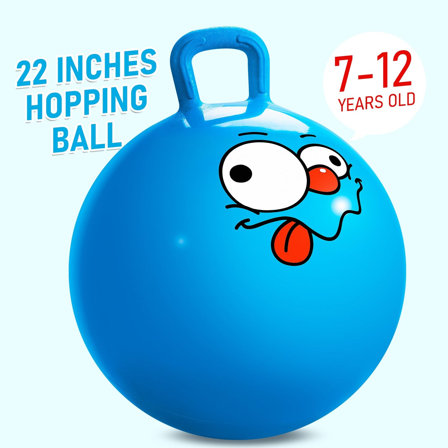 U&C Planet Hopper Ball, 22 inches Bouncy Ball with Handle for Kids Age 7-12, Hoppity Hop Sit and Bounce Jumping Hopping Toy with Pump & Gift Box, Great Gift for Birthday Christmas, Blue Emoji