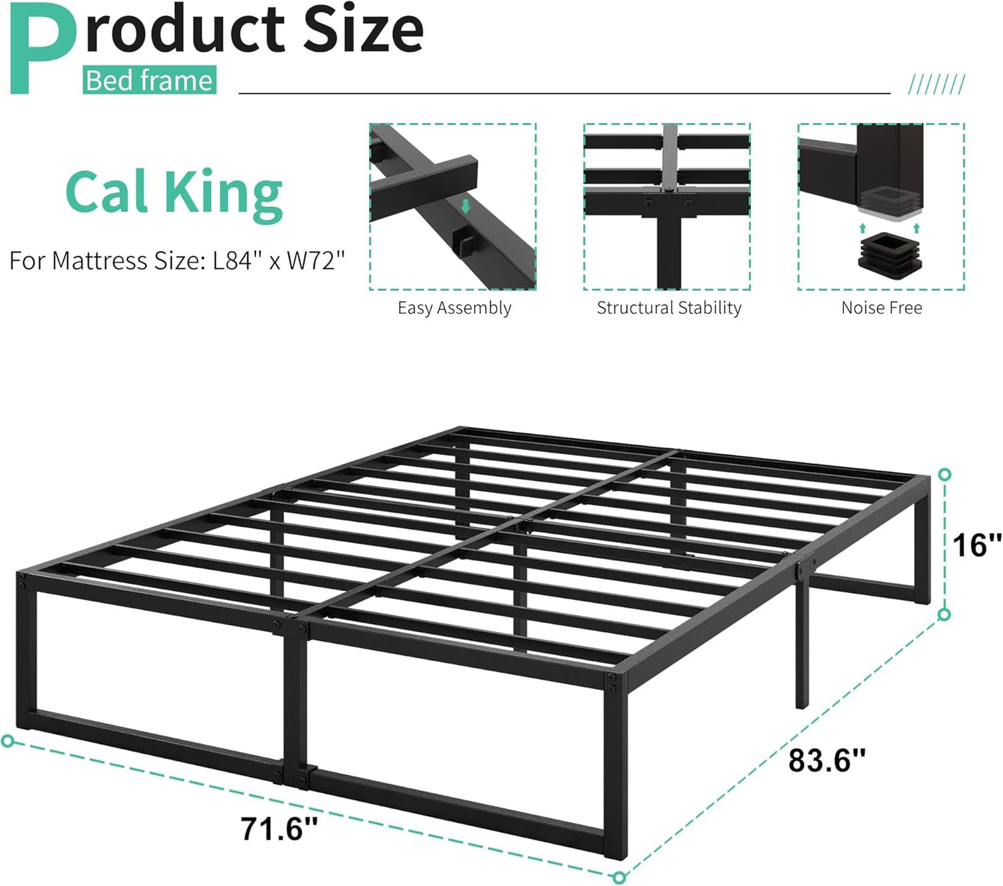 16 Inch California King Bed Frames No Box Spring Needed Heavy Duty Metal Cal King Platform for Mattress Foundation, Noise Free, Easy Assembly, Black