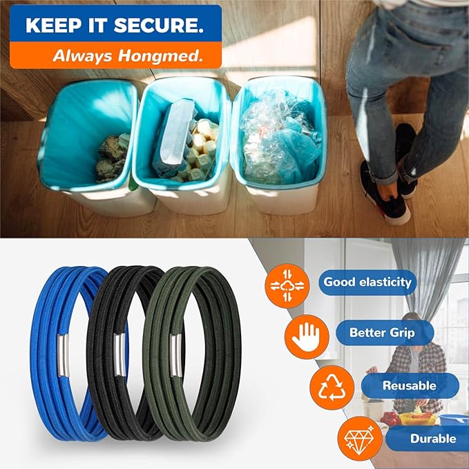 Trash Can Rubber Bands Fit 8 to 32 Gallon Cans, Hongmed Garbage Elastic Bands for Kitchen/Office/Garage, Trash Bag Holder Straps Set of 3 in Black, Blue, and Green