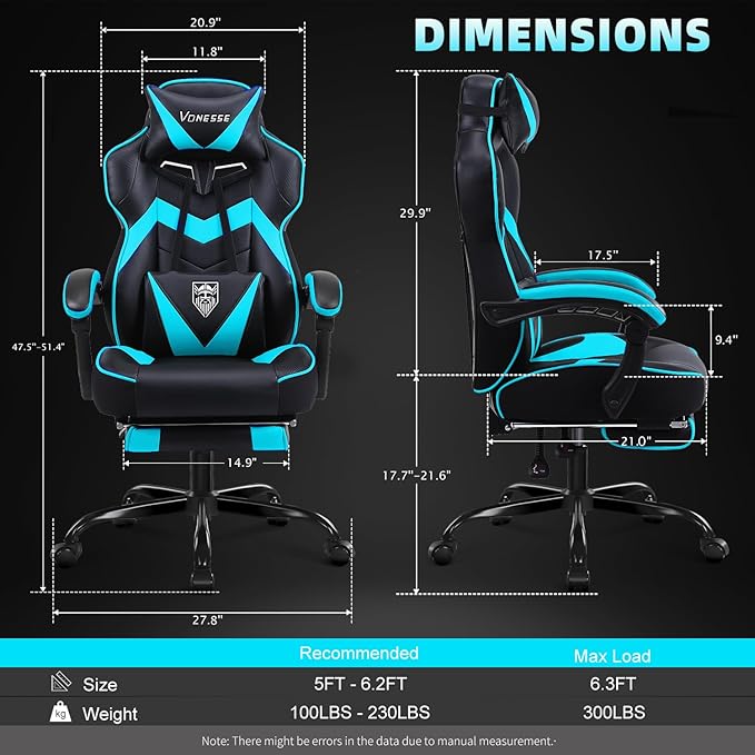 Vonesse Gaming Chair, High Back Gaming Chair with Footrest and Massage, Gaming Chairs for Adults with Pocket Spring Cushion, Big and Tall Reclining Computer Chair with Lumbar Support (Cyan/Black)