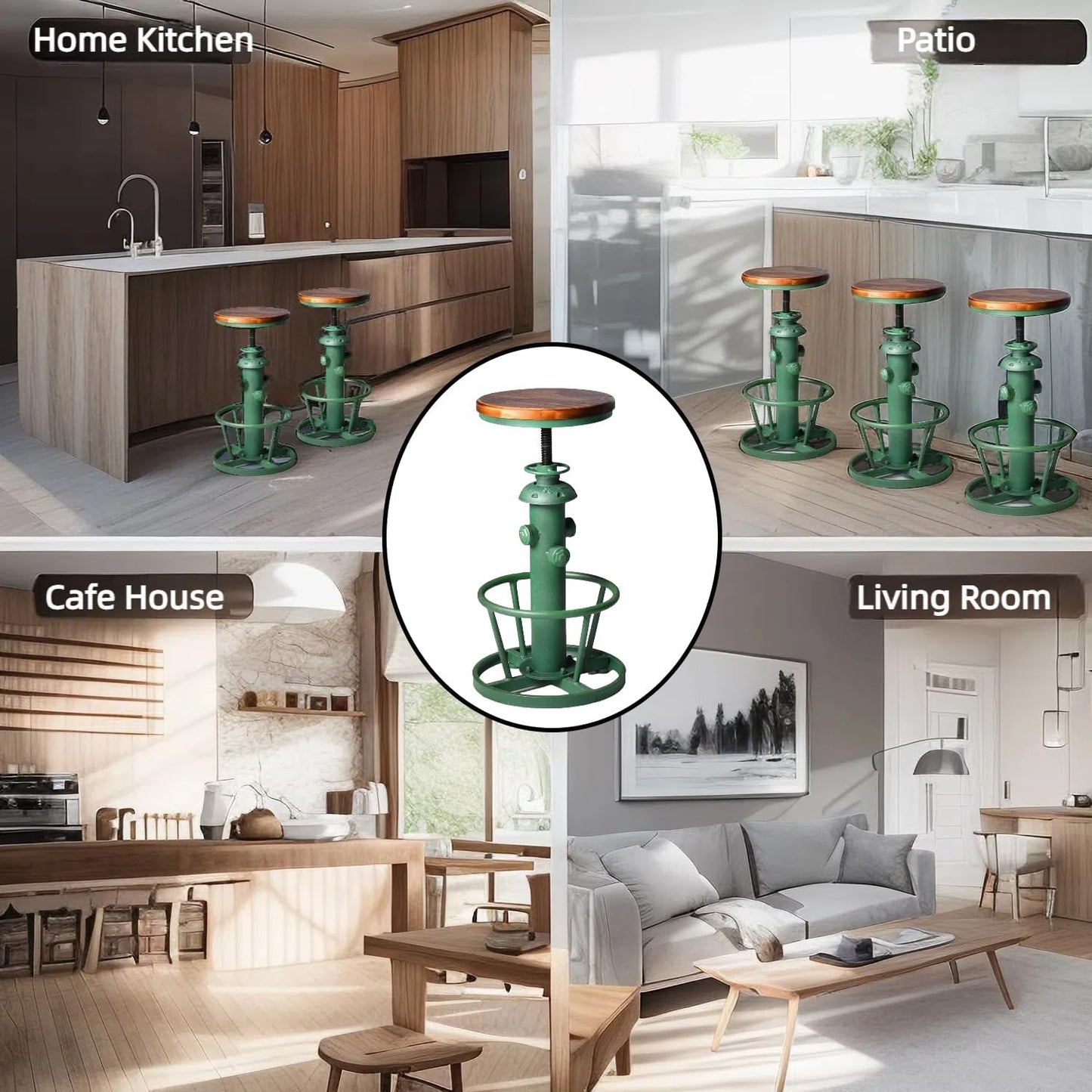 Vintage Bar Stool 24.8-30inch Counter Height Adjustable Industrial Coffee Chair with Swivel Wooden Seat Farmhouse Dinner Stools in Kitchen Dining Room